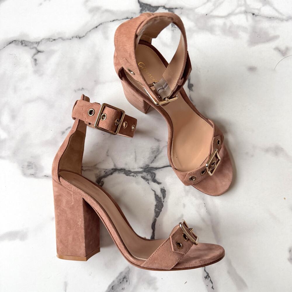 Gianvito Rossi Hayes Tan Suede Buckle Sandal Heels Size 37.5
